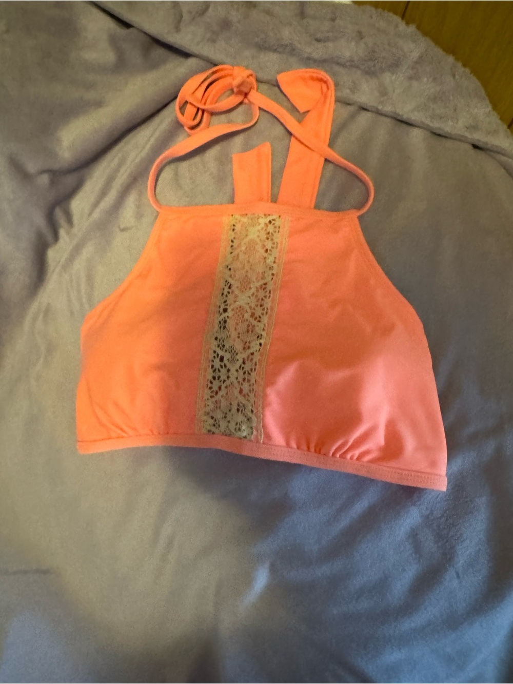 Coral Halter Bikini Top with Lace Insert